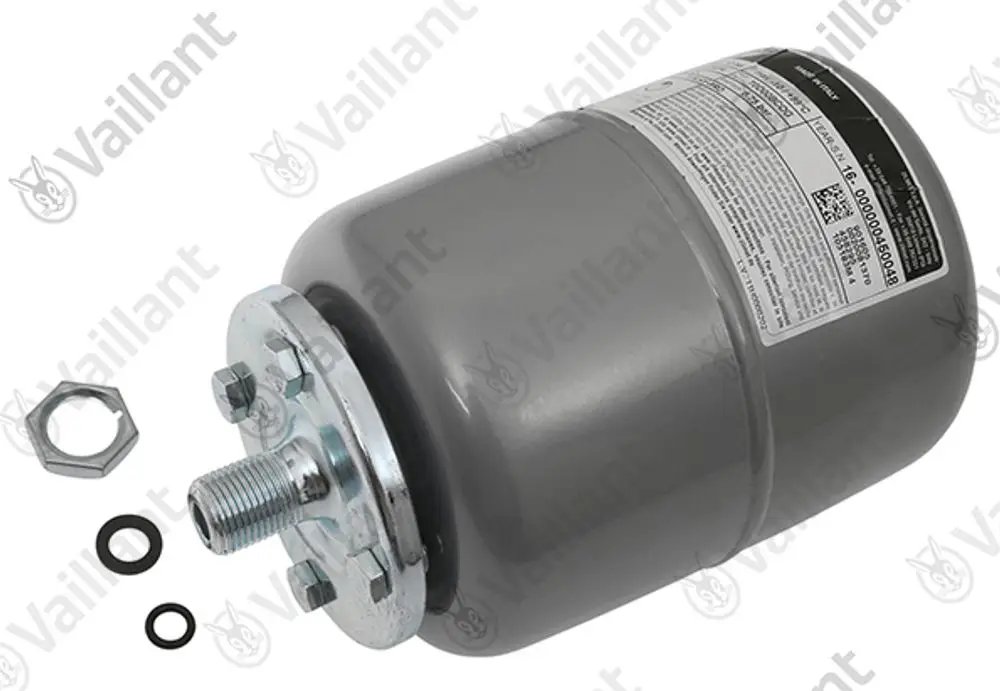 Vaillant Ausdehnungsgefäß in zylindrischer Form mit metallischer Anschlussplatte und Gewinde, umgeben von Montagezubehör wie Dichtungen und einer Mutter.